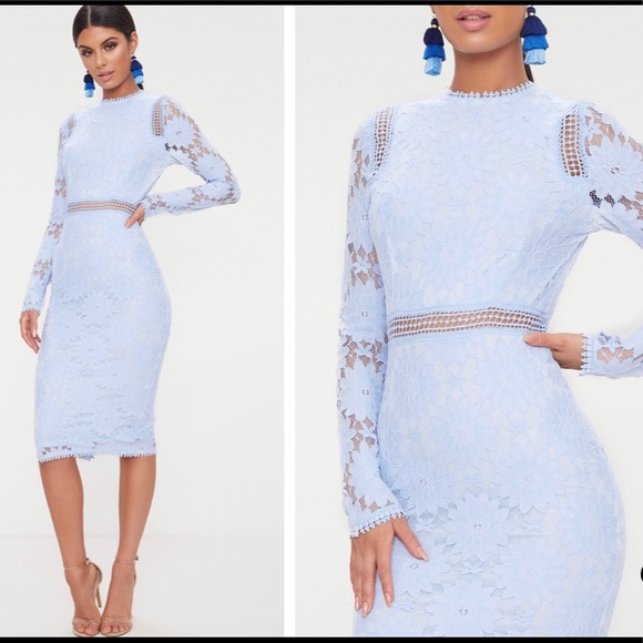 Plt Dusty Blue Long Sleeve Lace Bodycon 